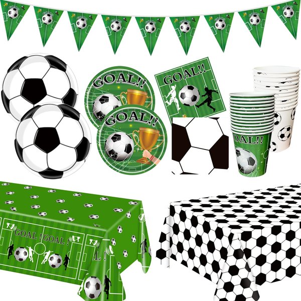 Soccer Birthday Party Decorations Soccer Party Supplies Tableware Set -24 guests Includes Banner, Plates, Cups, Napkins, Tablecloth for Boys Sports Theme Birthday Decorations