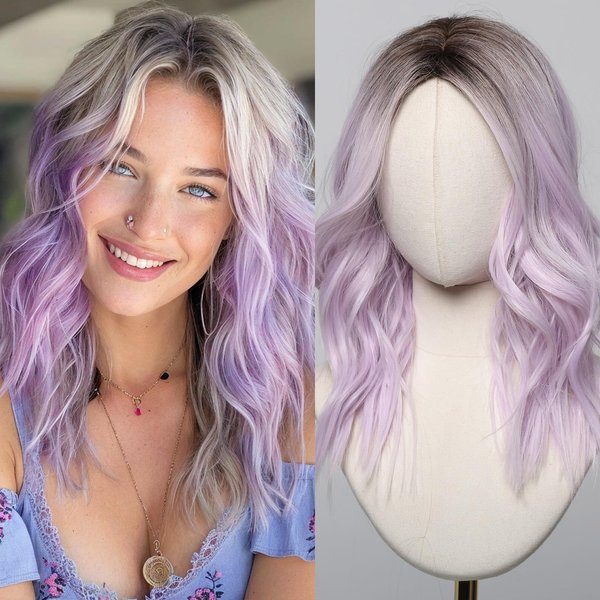 testar Purple Wig Medium Length Lavender Wigs for White Women 18 Inch Middle Part Bob Wig Heat Resistant Synthetic Wavy Curly Wigs for Girls Daily Party/Halloween Use