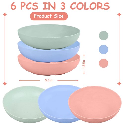 6-Pieces Whisker Fatigue Cat Bowl - 5.5 Inch Shallow Cat Food Dish Wide Cat Wet Feeding Bowls, PET Plate for Kittens and Short Legged Cat, Wheat Straw