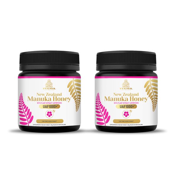TURNER Certified Raw New Zealand Manuka Honey with UAF1000+ (8.8oz/250g) 1000x More Power, Greatest Gift to Support Everyday Wellness, Natural Probiotic, Prebiotic, Antioxidant Superfood, 2 Jars