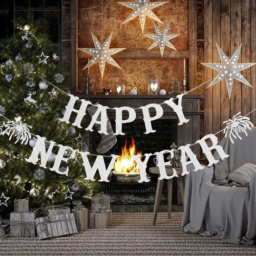 Silver Happy New Year Banner 2025 New Years Banner New Year Eve Banner 2025 Happy Nye Banner 2025 for Happy New Year Party Decorations 2025, New Years Eve Party Supplies 2025