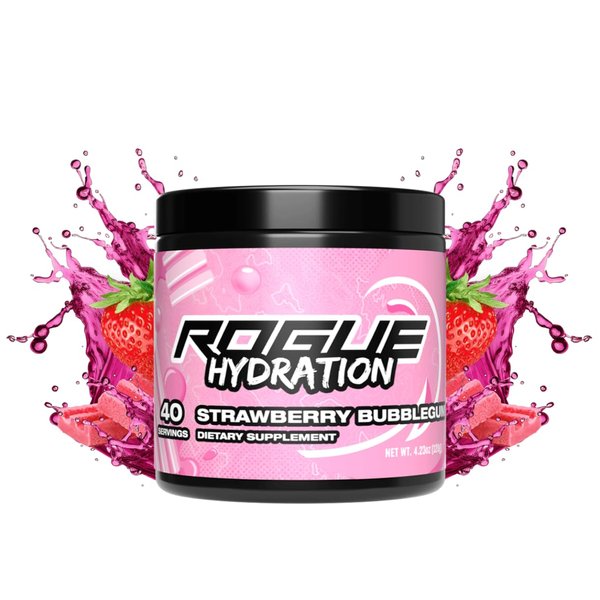 Rogue Energy Hydration Powder For Long Gaming Hours - Electrolyte Powder with Magnesium, Potassium, Vitamin - Hydrate Electrolyte Powder - Sugar and Gluten Free (Strawberry Bubblegum - 40 Servings)