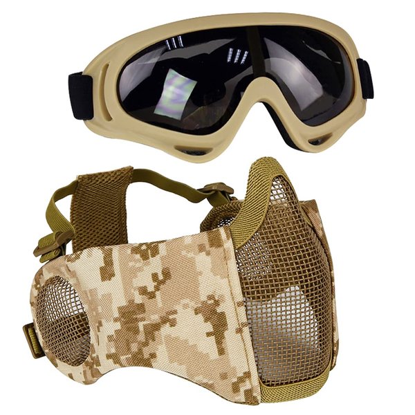 AOUTACC Airsoft Protective Gear Set, Half Face Mesh Mask with Ear Protection and Tactical Goggles for Adult Men Women BBS Paintball Shooting CS Survival Games Cosplay (DD)