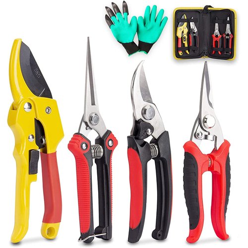 KOTTO 4 Pack Professional Bypass Pruning Shears, Stainless Steel Cutter Clippers, Sharp Hand Pruner Secateurs, Garden Trimmer Scissors Kit with Storage Bag and Protection Gloves