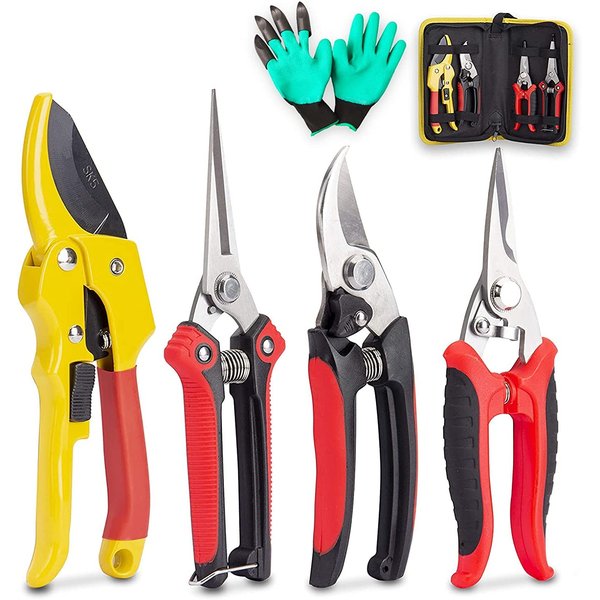 KOTTO 4 Pack Professional Bypass Pruning Shears, Stainless Steel Cutter Clippers, Sharp Hand Pruner Secateurs, Garden Trimmer Scissors Kit with Storage Bag and Protection Gloves