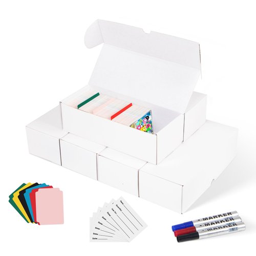 Card Storage Box, 6 Packs 3600 Count Corrugated Cardboard Storage Box for Sport Cards, Collectible Gaming & Trading Cards, Card Collector Boxes with 3 Markers, 6 PCS Multicolor Dividers and Labels