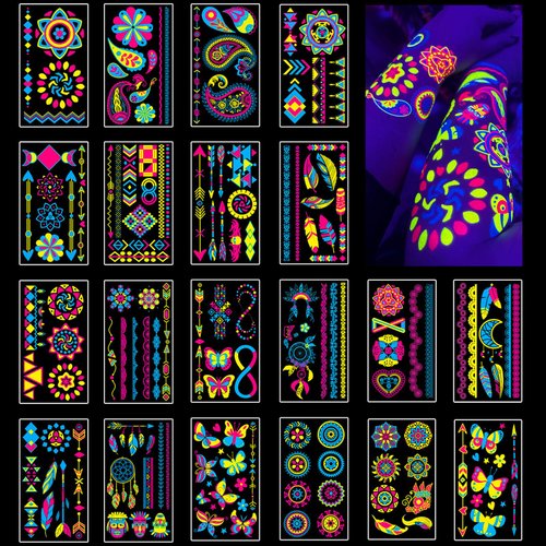 Temporary Tattoos 170 Neon UV Blacklight Reactive Glow in The Dark Tattoos, Adult Kids Body Face Arm Fake Tattoos, Blacklight Neon Party Decorations, Glow in The Dark Party Supplies, Rave Accessories