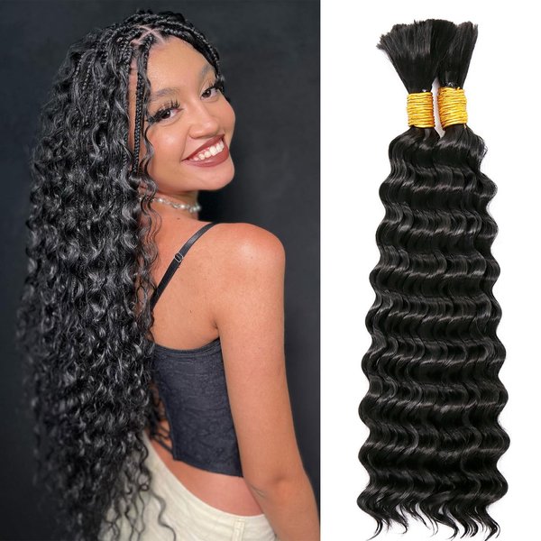 200G 18 Inch Bohemian Braiding Hair Deep Wave Bulk Hair for Braiding No Weft Hair Curls for Boho Braids Wet and Wavy Curly Bundles for Braiding Hair Extensions 2 Bundle Water Wave, Nature Black