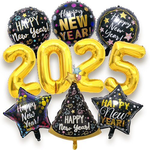 2025 New Years Eve Party Supplies - 10 Pcs Happy New Year Decorations 2025 Foil Balloons NYE Party Decorations Set