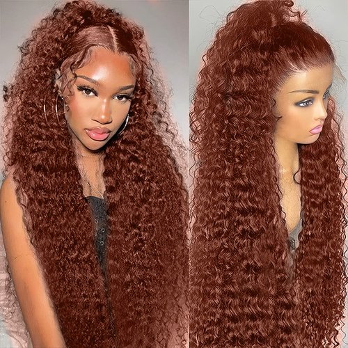 KEIMIT 200% Density 13X6 Auburn Brown HD Transparent Kinky Curly Lace Front Wigs Human Hair For Women Glueless Wigs Human Hair Pre Plucked with Baby Hair #33 (13x6 Chestnut Lace Front Wig, 22INCH)