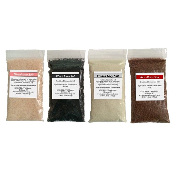 Gourmet Sea Salt Sampler - Multi Pack of Pink Himalayan And French Grey Fine Ground Salts, Hawaiian Red Alaea and Black Lava Coarse Grain Salts - 6 oz. Each - 24 oz Total Multipack