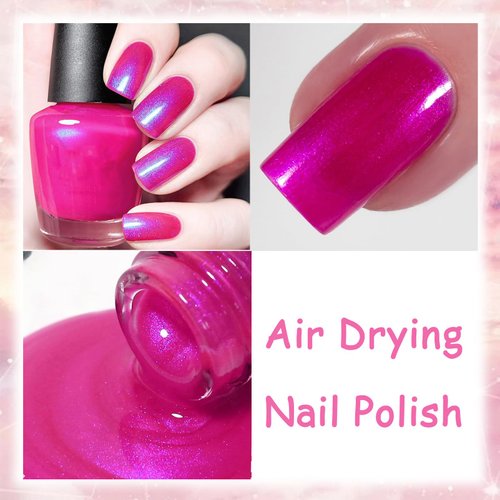 Hot Pink Shimmer Nail Polish, Air Dry Pink Holographic Nail Polish, High Glossy Iridescent Nail Polish Quick Dry, Bright Pink Pearlescent Nail Polish Long Wear Polish Gift for Women Girls, 13 ML