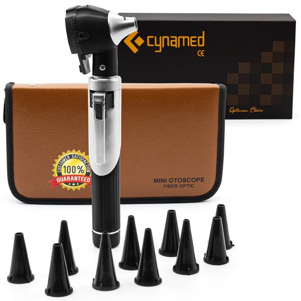 Cynamed Mini Otoscope - Portable Ear Light and Exam Kit for Home and Professional Use - 3X Magnifying Fiber Optic Scope with Spare Tips, Bulb, and Carrying Case - Pocket Diagnostic Equipment (Black)