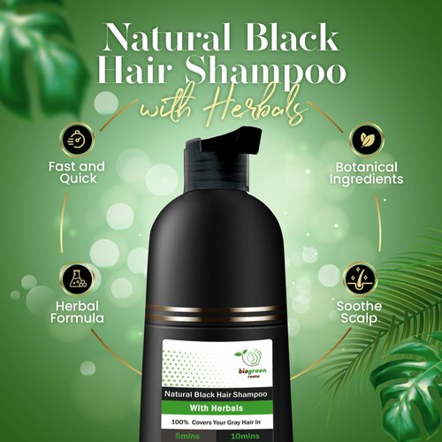 BIOGREEN ROOTS Black Hair Color Shampoo - Grey Coverage in 10 Minutes - Herbal Hair Coloring for All Hair Types - Natural Black Hair Dye - 200 ml