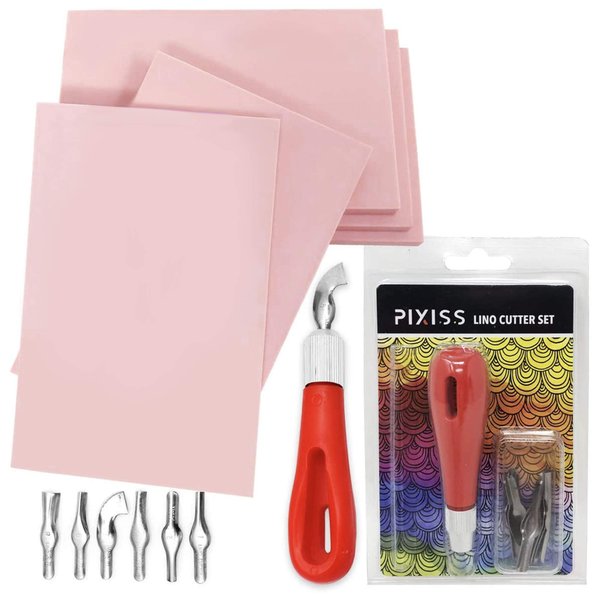 Stamp Pads for Rubber Stamps 5-Pack (6x4) and Rubber Stamp Carving Tools - Block Printing Kit by Pixiss - Rubber Block Stamp Maker Printmaking Supplies