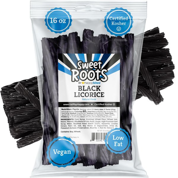 Sweet Roots by Happy Bites Black Licorice Twists (16 oz) - JUMBO Size - Certified Kosher - Vegan - Gourmet - Low Fat