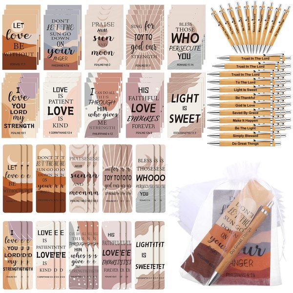 120 Pcs Bible Gifts Set Include 30 Bible Verses Bookmarks Christian Book Markers 30 Scripture Ballpoint Pens 30 Christian Notebooks 30 White Organza Bags for Women Men School Office Church (Stylish)