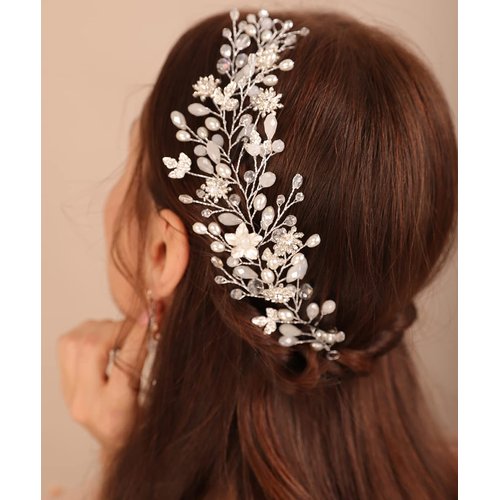Xerling Wedding Flower Hair Vine for Brides Silver Crystal Hair Piece for Women Rhinestone Pearl Hair Accessory for Girls Headband Hair Band Jewelry