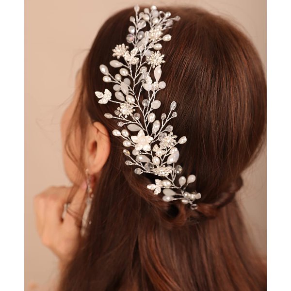 Xerling Wedding Flower Hair Vine for Brides Silver Crystal Hair Piece for Women Rhinestone Pearl Hair Accessory for Girls Headband Hair Band Jewelry