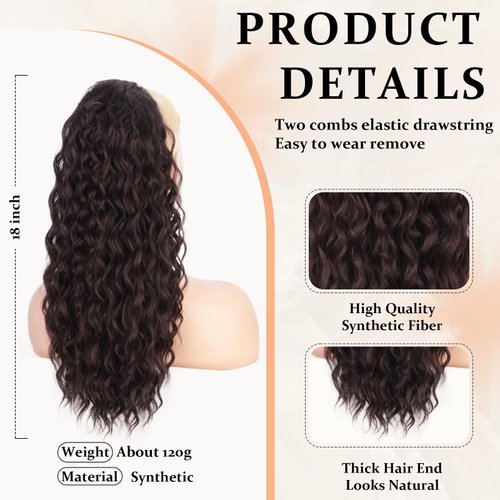 Stamped Glorious 18 Inch Curly Ponytail Extension for Women Synthetic Drawstring Ponytail Hair Extensions for Girls Daily Party Use (18 inch, Dark Brown)