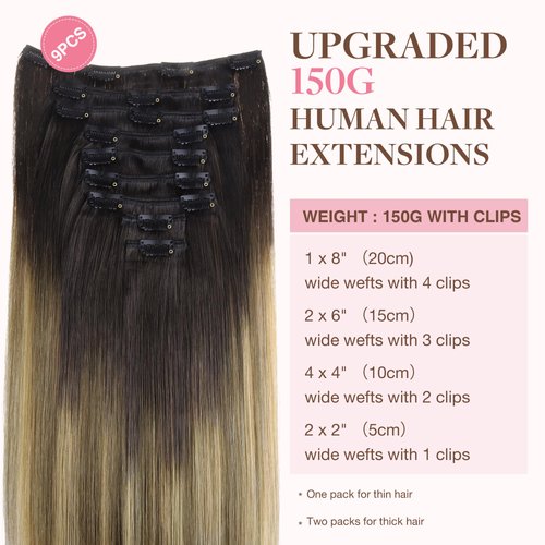 GOO GOO Clip in Hair Extensions Real Human Hair, 14inch 150g 9Pcs, 2/6/18 Balayage Brown to Dirty Blonde, Remy Human Hair Extensions Clip ins for Women, Natural Human Hair