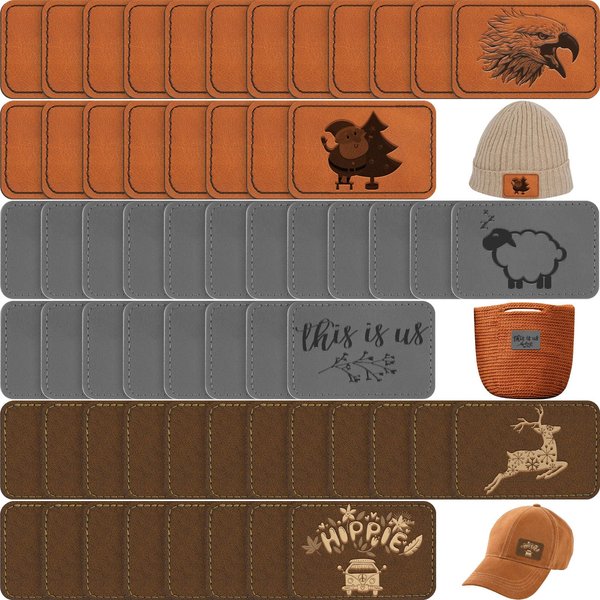 Dunzy 60 Pcs Blank Leatherette Hat Patches with Adhesive Rustic Leatherette Rectangle Patch Faux Leather Patches for Hats Custom Fabric Repair Sew Laser Supplies (Khaki, Gray, Golden Brown,3 x 2 Inch)