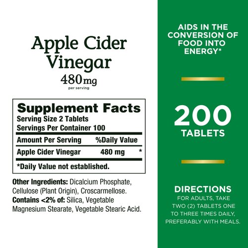 Nature's Bounty Apple Cider Vinegar 480mg Pills, Vegetarian Supplement Plant Based, 200 Tablets