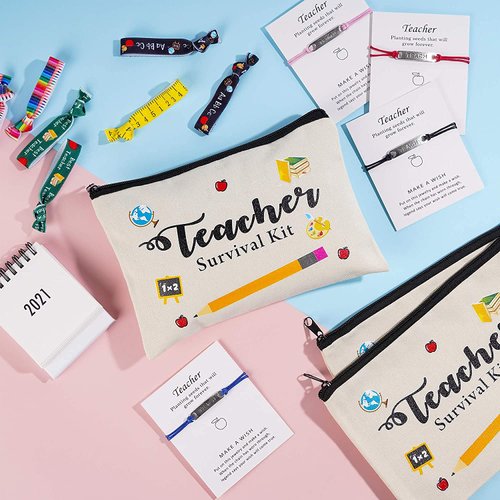 48pcs Teacher Appreciation Gifts 8 Makeup Pouch Cosmetic Bag and 8 Teach Blessing Card Bracelets with Greeting Card and 32 Teacher Hair Ties No Crease Ribbon Hair Ties Elastic Ponytail Holder