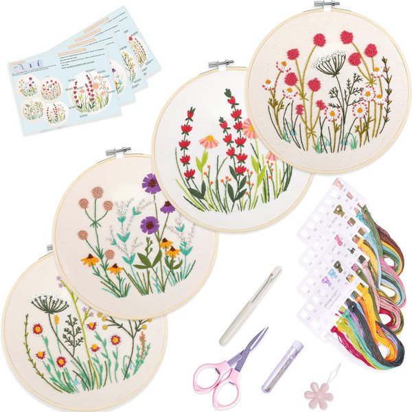 SQIALOUN 4 Sets Embroidery kit for Beginners Adults and Kids with Patterns, Beginner Embroidery Kit, Embroidery Kits for Adults,Hand Embroidery Kit Includes Bamboo Hoop, Cloth, etc