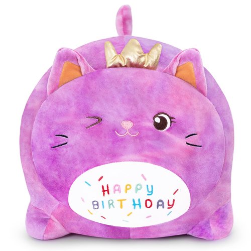 MIAOHAHA Happy Birthday Plush Pillow Toy,Soft Plush Cat Toy Plushies Gift for Kids and Girls(Purple Cat,25cm/9.8in)