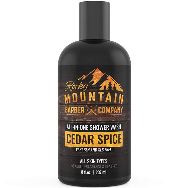 Rocky Mountain Barber Company Cedar Spice All-In-One Body Wash – Shampoo, Body Wash, Conditioner, Face Wash & Beard Wash with Essential Oils - 8 oz