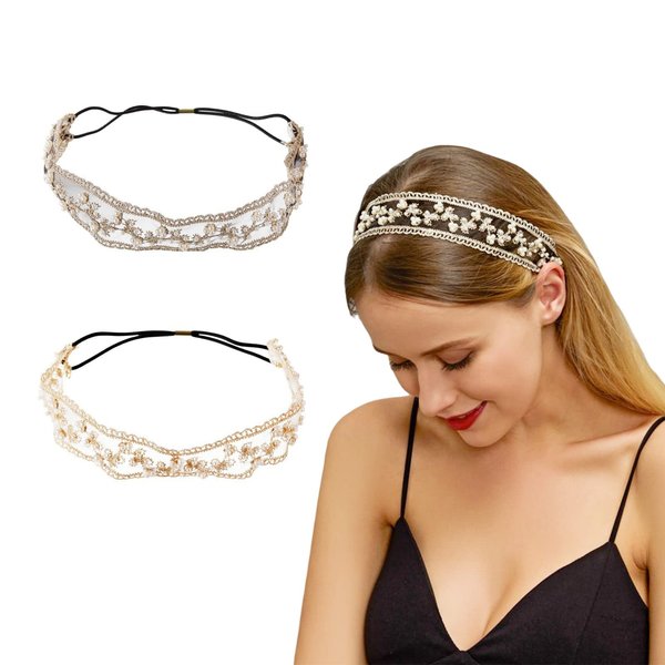 VUKWOO 2 PCS Lace Pearl Headband Jeweled Headbands for Women Stretch Wide Floral Lace Headwrap Turban Accessories Hair Scarf Fashion