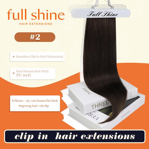 Full Shine 20 Inch Seamless Clip in Hair Extensions Human Hair Dark Brown Real Hair Clip in Extensions Straight Pu Weft Brazilian Clip in Hair Extensions 120 Grams 8Pcs