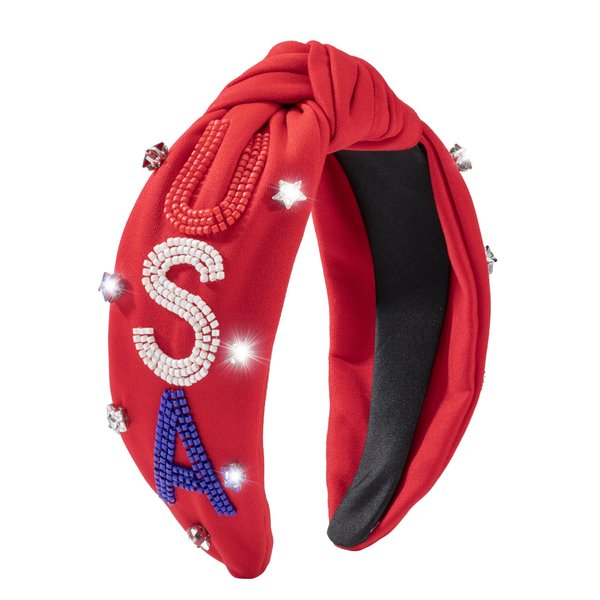 Mixcbe 4th of July Headbands Patriotic USA Beaded Knotted Headbands for Women Red White Blue Crystal Jeweled Wide Top Knot Hairband for Independence Day Holiday Gifts (Red-beads USA)