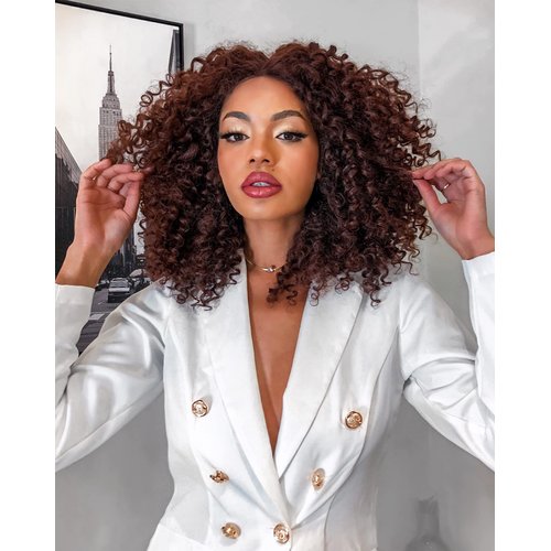 Annivia 16inch Curly Lace Front Wigs for Black Women Chocolate Brown Short Curly Lace Front Wig Pre Plucked with Baby hair,Synthetic Kinky Afro Short Curly Frontal Hair Wig（Chocolate Brown）