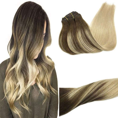 GOO GOO Clip in Hair Extensions Real Human Hair, 16inch 120g 7Pcs, 4/18 Balayage Chocolate Brown Highlighted Dirty Blonde, Remy Human Hair Extensions Clip ins for Women, Natural Human Hair