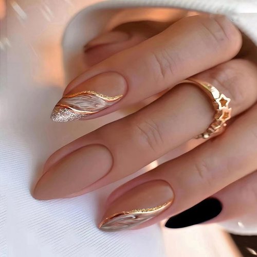 Brown Press on Nails Medium Almond - WLGDLH Fake Nails Black False Nails Press Ons With Curve Gold Glitter Texture Designs Nail Tips Full Cover Glue on Nails Acrylic Nail Kit for Women Manicure 24 Pcs