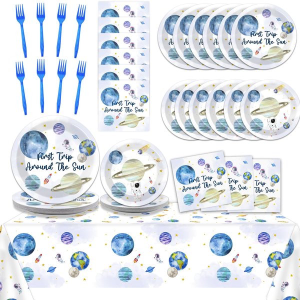 98 PCS First Trip Around The Sun Birthday Party Tableware Set Outer Space Themed Decorations 1st Space Birthday Dinner Paper Plates Boho Solar System Tablecloth Napkins Forks Sun Theme Party Supplies