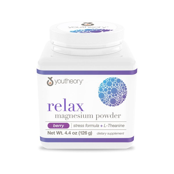 Youtheory Relax Magnesium Powder - Vegan Stress Relief Supplement with L-Theanine & GABA* - Supports Relaxation* - Dairy, Soy & Gluten Free - Berry, 4.4 oz