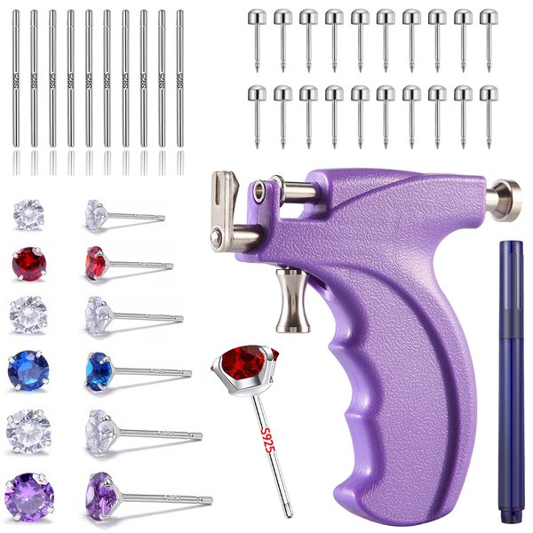 EOKOW Ear Piercing Kit Professional Reusable Self Peircings Gun Tools With Silver Earrings Set Stainless Steel Studs For All Body Lip Nose Salon Home Use