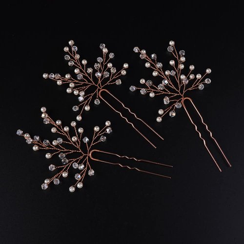 Jumwrit Pearl Bridal Hair Pins Rhinestone Hair Pins for Wedding 3pcs Hair Pins Set Bride Hair Accessories Party Hair Pins for Women Girls Hair Pieces（Rose Gold）