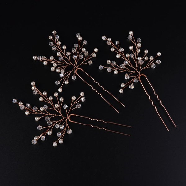 Jumwrit Pearl Bridal Hair Pins Rhinestone Hair Pins for Wedding 3pcs Hair Pins Set Bride Hair Accessories Party Hair Pins for Women Girls Hair Pieces（Rose Gold）