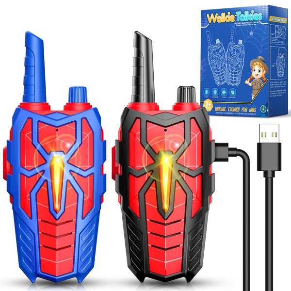 Spider Walkie Talkies Rechargeable Toys for Kids : Gifts for Boys Ages 3 4 5 6 7 8 9 10 Kids Walkie Talkies 2 Pack Outdoor Hiking Toy for 5-7 Year Old Boy Christmas Birthday Gift 2 Way Radio for Boys