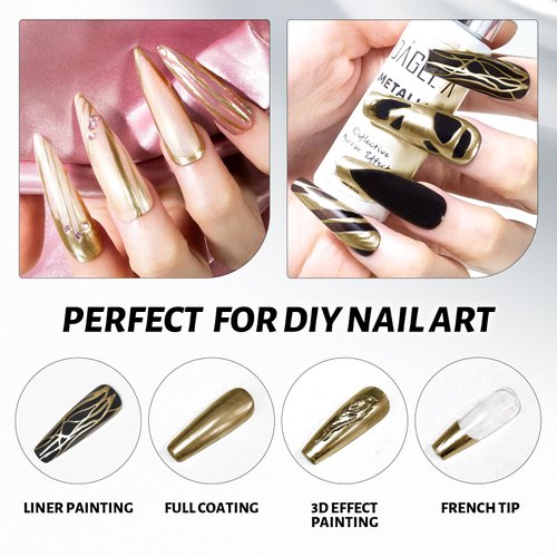 DAGEDA 12ml Metallic Nail Painting Gold Gel Liner,Mirror Gel Polish Build in Thin Brush,Chrome Gel Nail Polish High Gloss Nail Painted,Metal Drawing Liner Gel Soak Off UV/LED DIY Nail Art