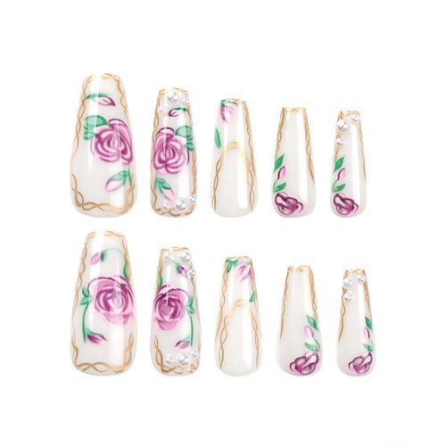 SINHOT Square Press on Nails Long Squoval Fake Nails Glossy Glue on Nails Rose Acrylic Nails Gold Line Artificial Nails White Pearls Stick on False Nails with Design 24 pcs