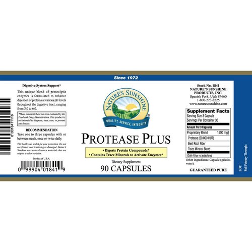 Nature's Sunshine Protease Plus, 90 Capsules | Powerful Digestive Enzyme Supplements with 60,000 HUT Protease to Break Down Proteins and Amino Acids