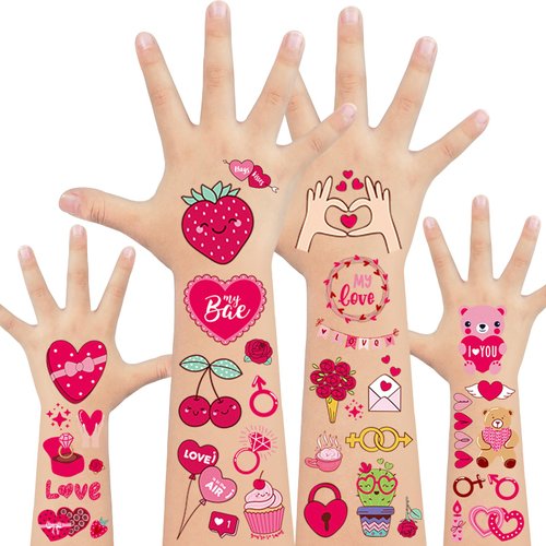 EMOME 120 Styles Valentines Day Temporary Tattoo for Kids Women, Cupid Heart Tattoo Stickers for Girls, Kiss Heart Tattoos Temporary for Party Favors Supplies Decorations (10 Sheets)