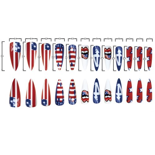 July 4th Long Tip Press On Nails Patriotic Fake Nails Almond Glue On Nails False Nails with Glue, Full Cover Square Artificial Fingernails Nail Art Decoration Acrylic Nails for Women Independence Day