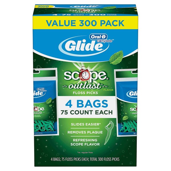 Glide Oral B Floss Picks Plusx 40mm Outlast - Long Lasting Mint, 4 Pack of 75