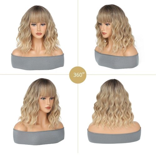 MeaYOO Ombre Blonde Wig with Bangs Short Bob Wavy Wig with Bangs for Women Loose Curly Shoulder Length Wig Synthetic Wig Cosplay Wig for Girl Daily Use Colorful Wig Cosplay Wigs 14 Inch